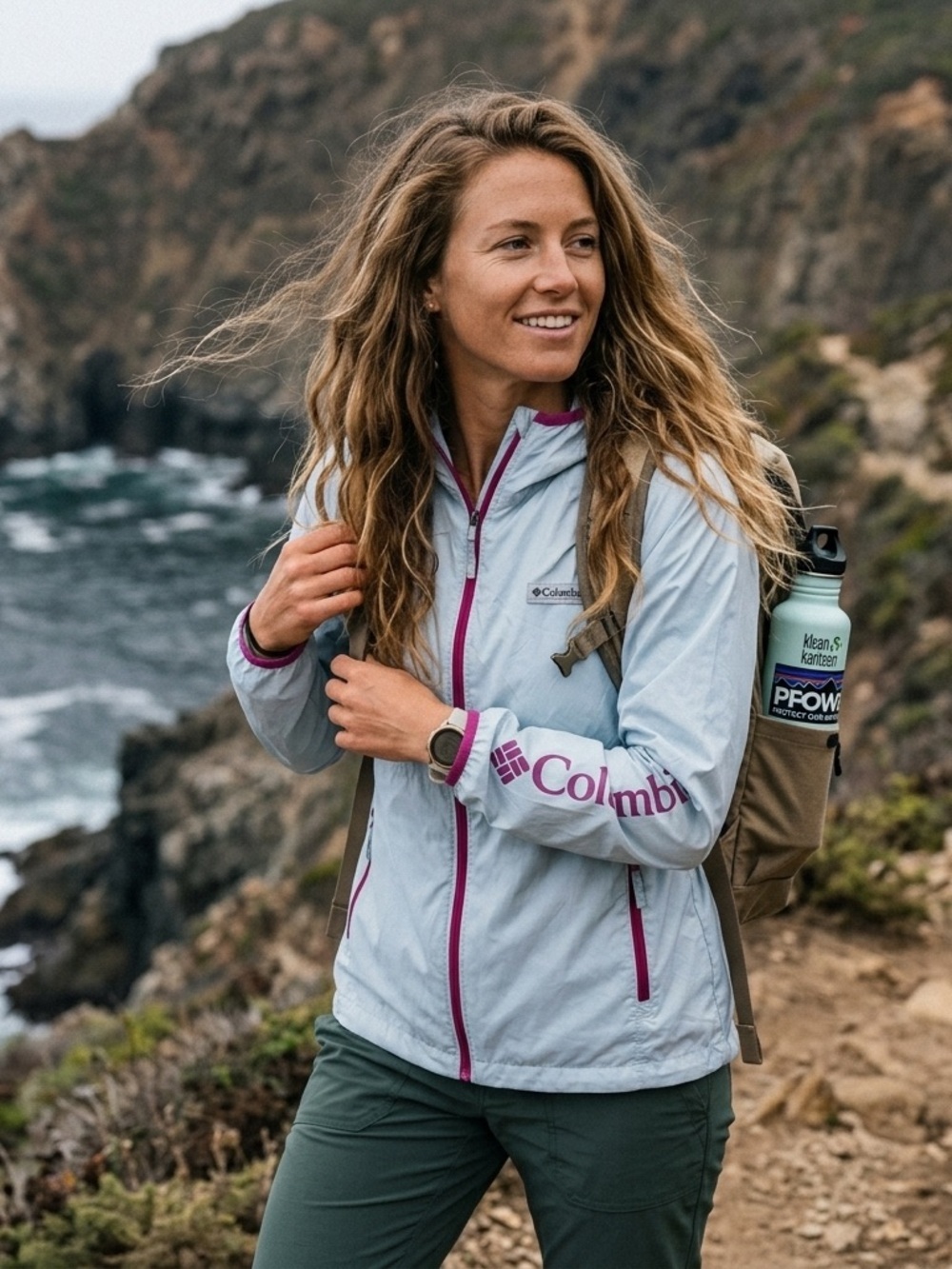 NEW COLUMBIA PFG Hooded Windbreaker Jacket Light Gray Pink Small Gorpcore Hike